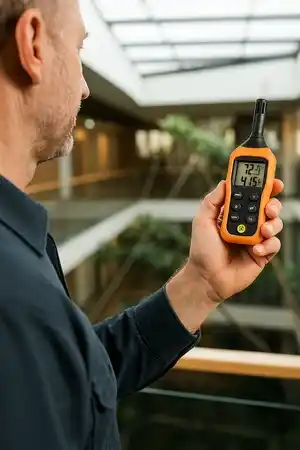 Técnico sosteniendo con una mano un termohigrómetro digital portátil naranja, mientras mide humedad y temperatura en unas oficinas