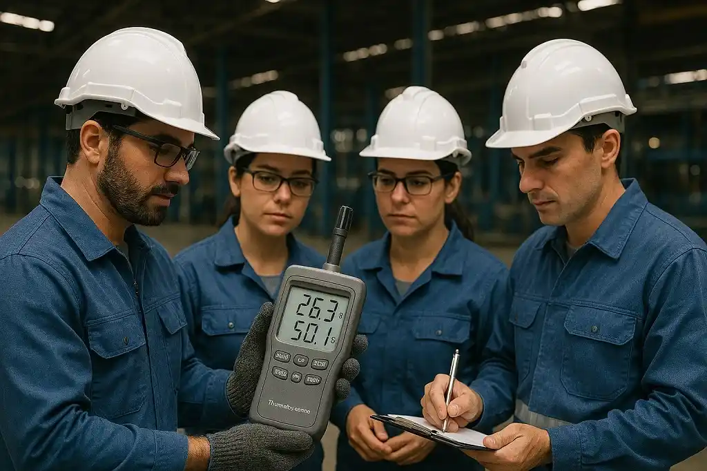 Grupo de 4 técnicos dentro de una nave industrial, todos van vestidos de azul y con cascos de seguridad de color blanco, uno de ellos sostiene un termohigrómetro portátil, otro anota los valores y los dos restantes miran.