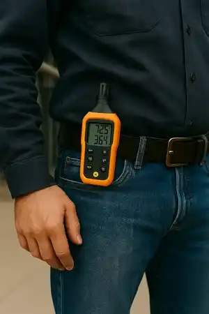 Plano de la cintura de una persona visto de frente, con un termohigrómetro portátil naranja fijado en el lado izquierdo del cinturón