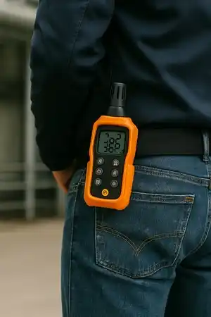 Plano de la cintura de una persona visto desde atrás, con un medidor de temperatura y humedad naranja fijado en el lado izquierdo del cinturón