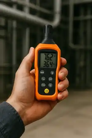 Mini Termohigrómetro de color naranja, sostenido por una mano, haciendo mediciones de temperatura y humedad en una nave industrial