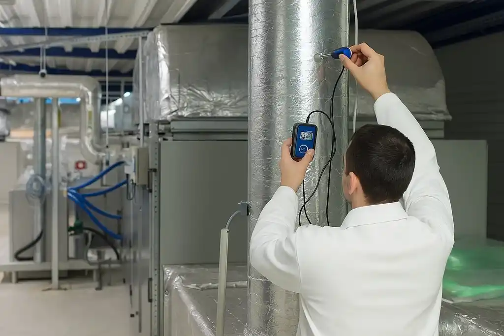 Técnico con bata blanca haciendo mediciones con un termohigrómetro con sonda en una tubería gruesa de un sistema HVAC en una nave industrial