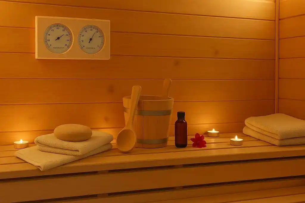 Termohigrómetro analógico de doble esfera con marco de madera de color claro, dentro de una sauna de madera, a la luz de las velas, en el banco de dicha sauna se encuentra un cubo y un cucharón de madera, varias toallas, y otros objetos