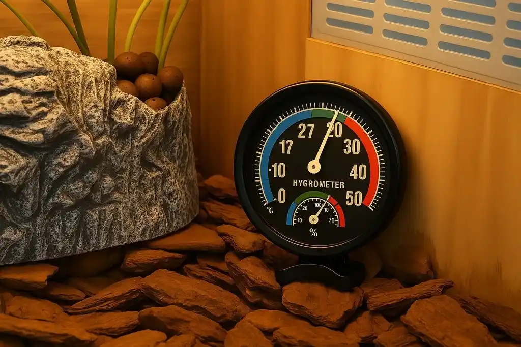 Termohigrómetro análogo negro dentro de un terrario y al lado de una roca artificial desde donde salen unas pequeñas plantas