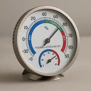 Termohigrómetro analógico con aro metálico, colocado encima de de un mueble de madera de color claro
