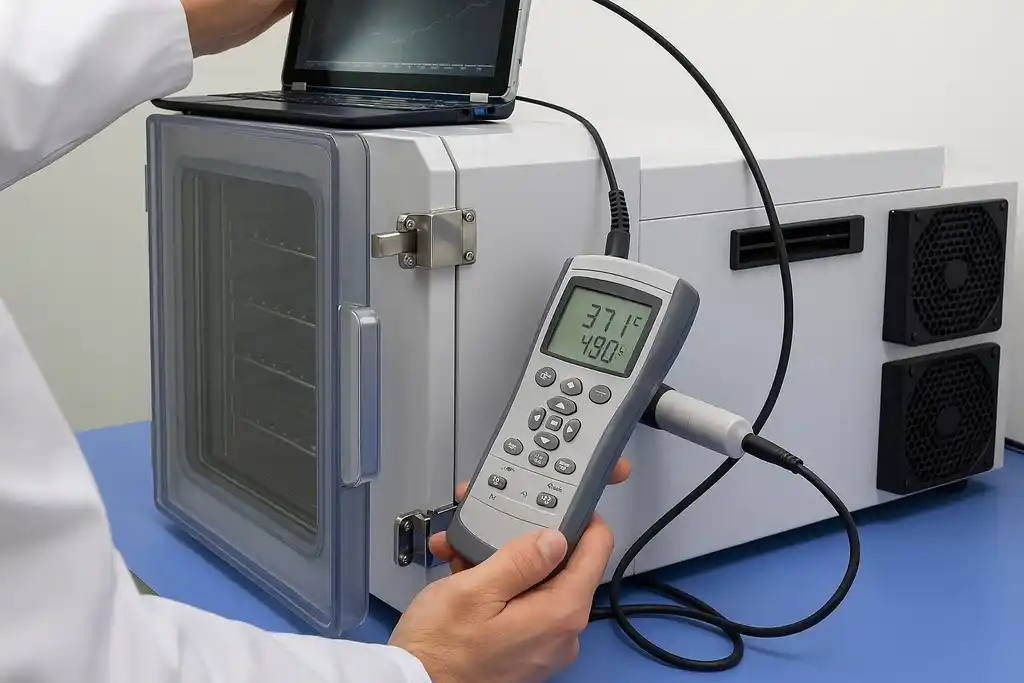 Un técnico de laboratorio con bata blanca utilizando un ordenador portátil con una mano y con la otra sosteniendo un termohigrómetro calibrado certificado que monitorea la temperatura y la humedad del interior de la cámara climática controlada donde se calibran otros dispositivos