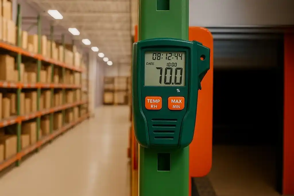 Termohigrómetro con registro de datos de color verde, fijado a una estantería industrial llena de cajas de cartón, dentro de un almacén
