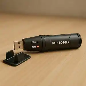 Mini termohigrómetro con registro de datos y conector usb, de color negro, colocado encima de una mesa de madera de color claro.