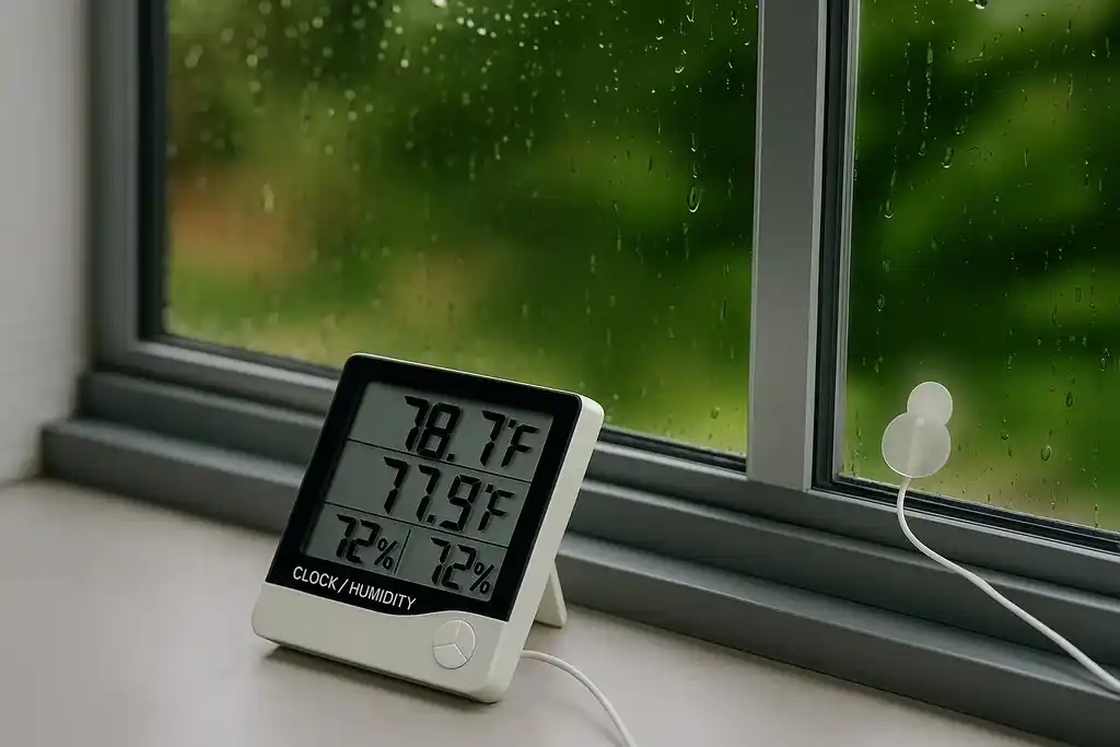 Termohigrómetro digital con sonda ubicado en el interior de una estancia doméstica, junto a una ventana y con la sonda externa colocada al exterior