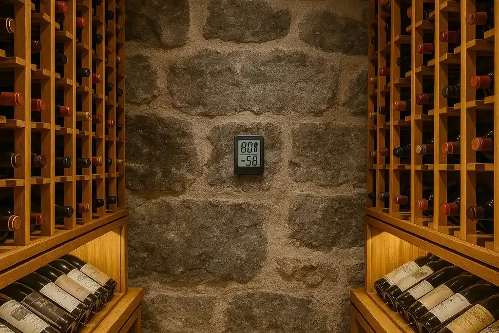 Medidor de temperatura y humedad en una pared de piedra gris, en una bodega elegante con botelleros de madera a los lados y muchas botellas de vino