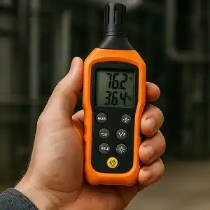 Termohigrómetro digital portátil de color naranja, sostenido por una mano, haciendo mediciones de temperatura y humedad en un entorno industrial