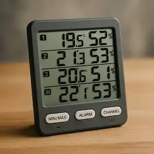 Termohigrómetro digital profesional de color gris oscuro, encima de una superfície doméstica de madera, de color claro