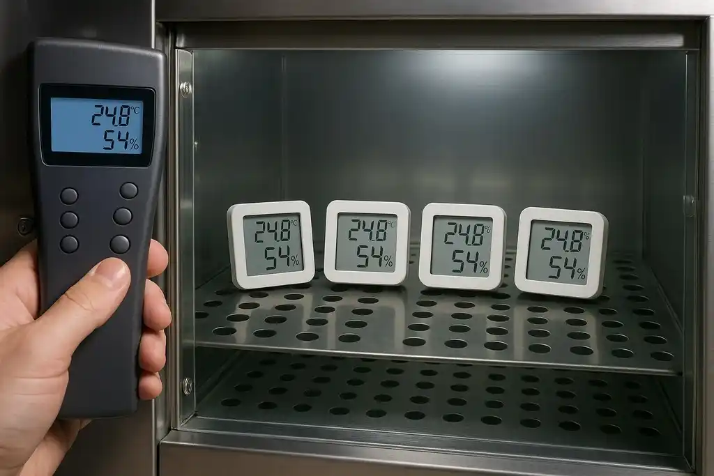 Cuatro medidores de temperatura y humedad dentro de una cámara climática de calibración, en un laboratorio, para certificar su correcto funcionamiento, a la izquierda de la imagen hay un termohigrómetro digital con certificado de calibración sustentado por la mano del técnico que hace las comprovaciones