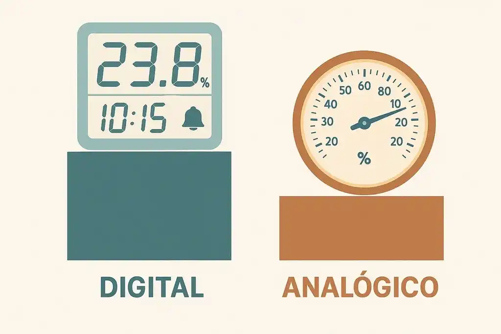 Ilustración comparativa: a la izquierda un dispositivo digital en una posición superior y en la derecha uno analógico colocado en una posición inferior