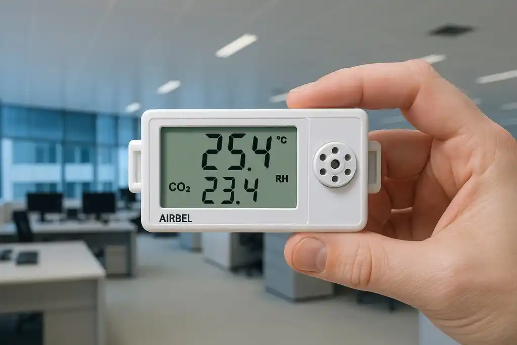 Termómetro higrómetro data logger, parecido al termohigrómetro Hobo UX100-011A sostenido por una mano y de fondo una oficina moderna sin ninguna persona