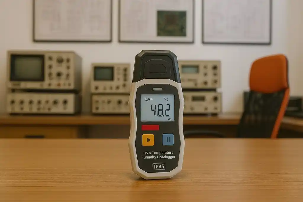 Registrador de datos similar al termohigrómetro Uni-T UT330TH encima de un escritorio de madera, en el fondo se puede ver una silla de despacho junto a más dispositivos electrónicos