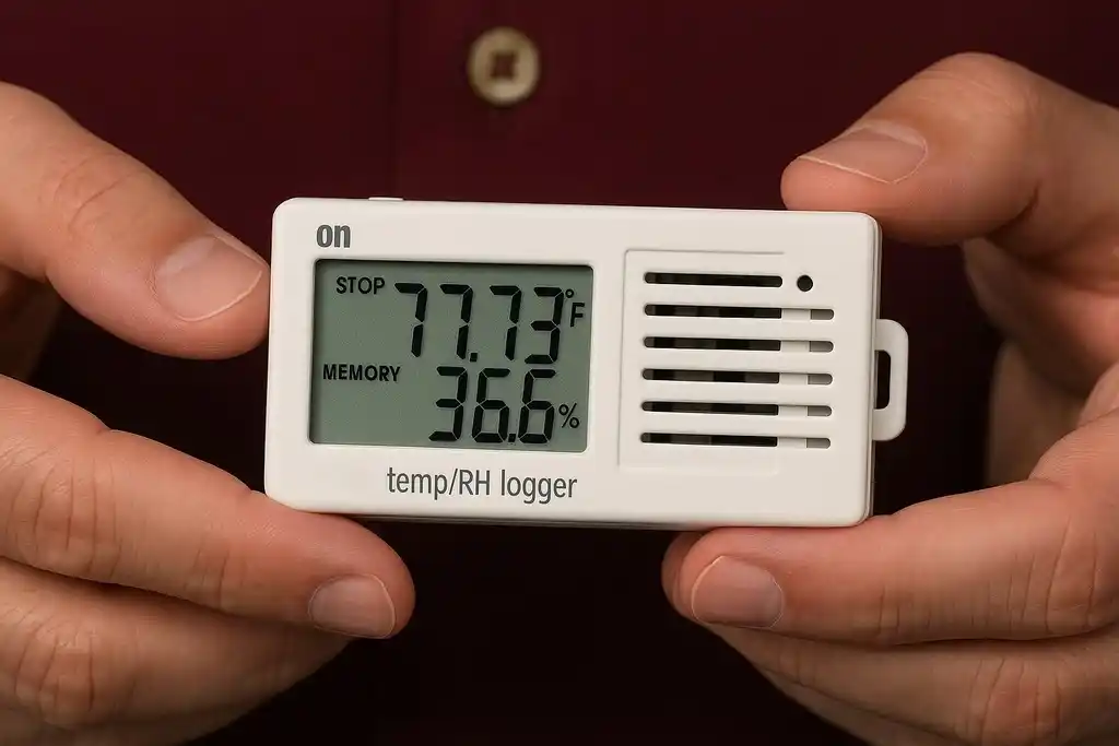 Data logger de temperatura y humedad relativa parecido al termohigrómetro Hobo UX100-003 sostenido por las manos de una persona con jersey granate