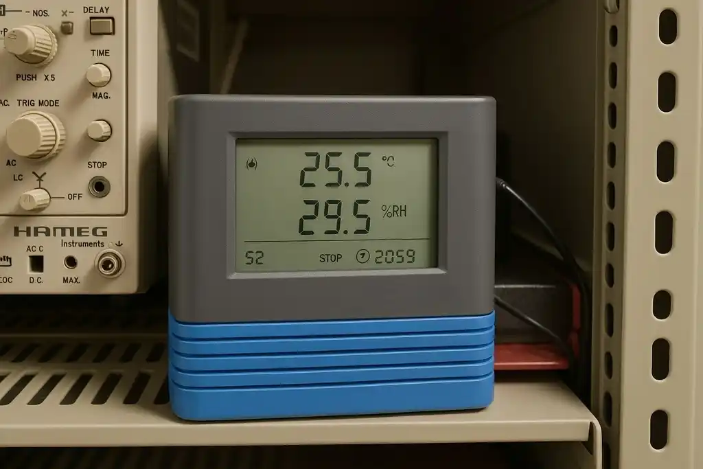 Data logger similar al termohigrómetro lufft opus 10 colocado en una estantería modular al lado de equipos electrónicos en la sala de un servidor