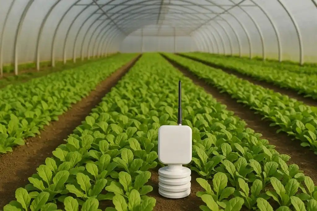 Interior de un gran y luminoso invernadero lleno de plantas verdes de apariencia sana, y en el centro, colocado en el suelo entre las plantas, un termohigrómetro para invernadero con una antena, que le otorga capacidad inalámbrica