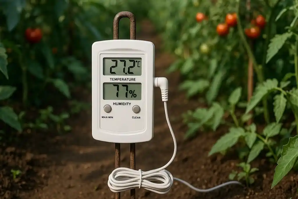 Medidor de temperatura y humedad similar a un termohigrómetro Alla France 91000-006/b fijado en un soporte metálico en un huerto con tomateras