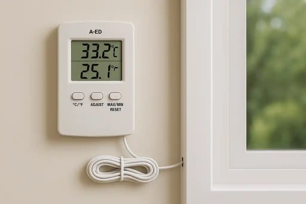 Medidor con sonda externa similar al termohigrómetro Avaly VA EDT 1, fijado en la pared junto a la ventana con su sonda externa instalada al exterior, mediante un pequeño agujero en el marco de la ventana