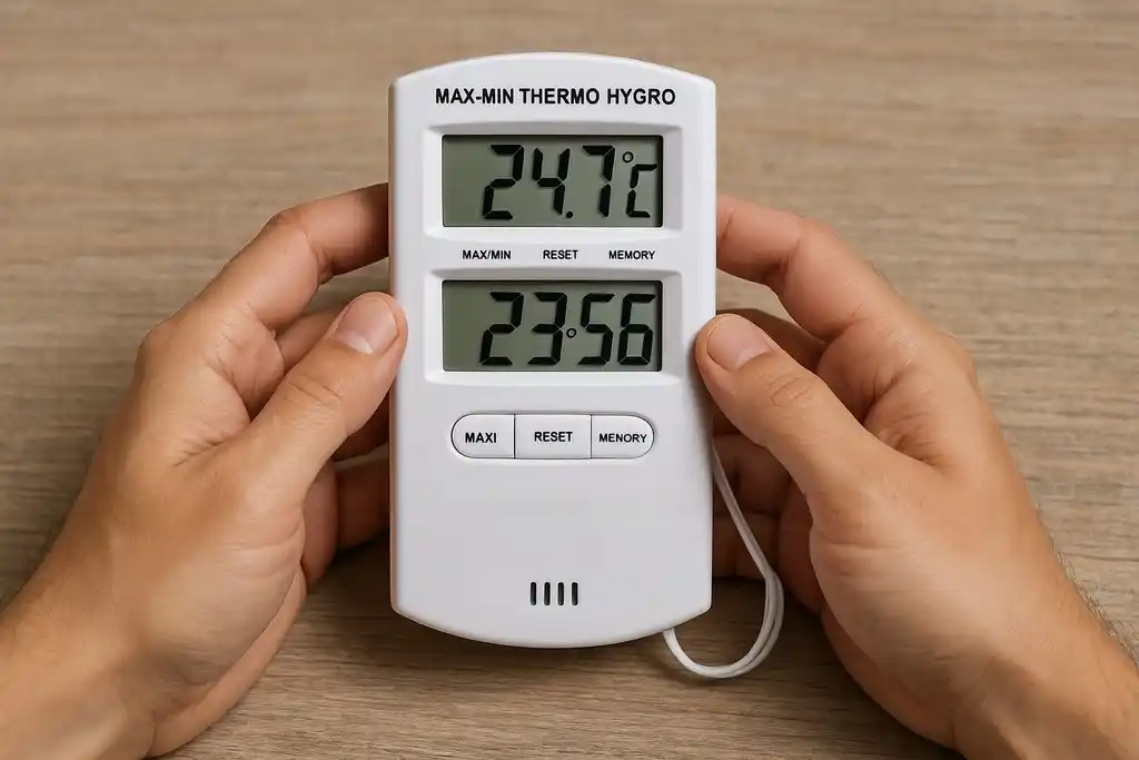 Medidor de temperatura y humedad relativa parecido al termohigrómetro Avaly VA EDT 1H sostenido por las dos manos de una persona que están apoyadas en una mesa de madera