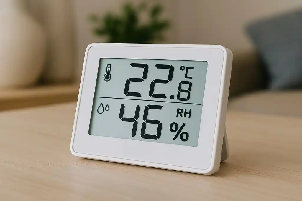 Primer plano de un medidor de temperatura y humedad relativa similar al termohigrómetro Beurer HM 16 encima de un mueble de madera de color claro en una estancia doméstica, con una planta de fondo