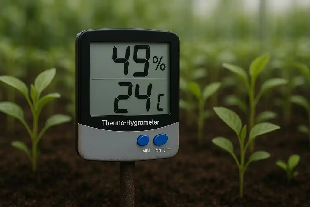 Medidor de temperatura y humedad similar al termohigrómetro deltatrak 13307 fijado en un pequeño soporte vertical en un huerto