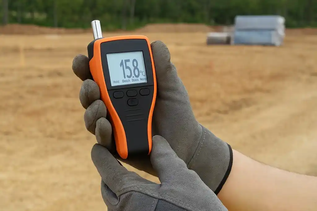 Dispositivo de medición de temperatura y humedad portátil parecido a un termohigrómetro Elcometer 308 sostenido por las dos manos con guantes de trabajo de un operario en un terreno en obras