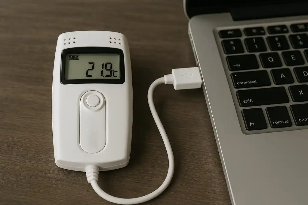 Data logger similar al termohigrómetro Elitech RC-4HC conectado a un ordenador portátil mediante usb, encima de una mesa de madera de color oscuro