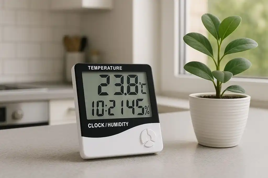 Medidor de temperatura y humedad relativa parecido al termohigrómetro htc 1 encima del mármol de la cocina, con una maceta blanca con una pequeña planta a su derecha
