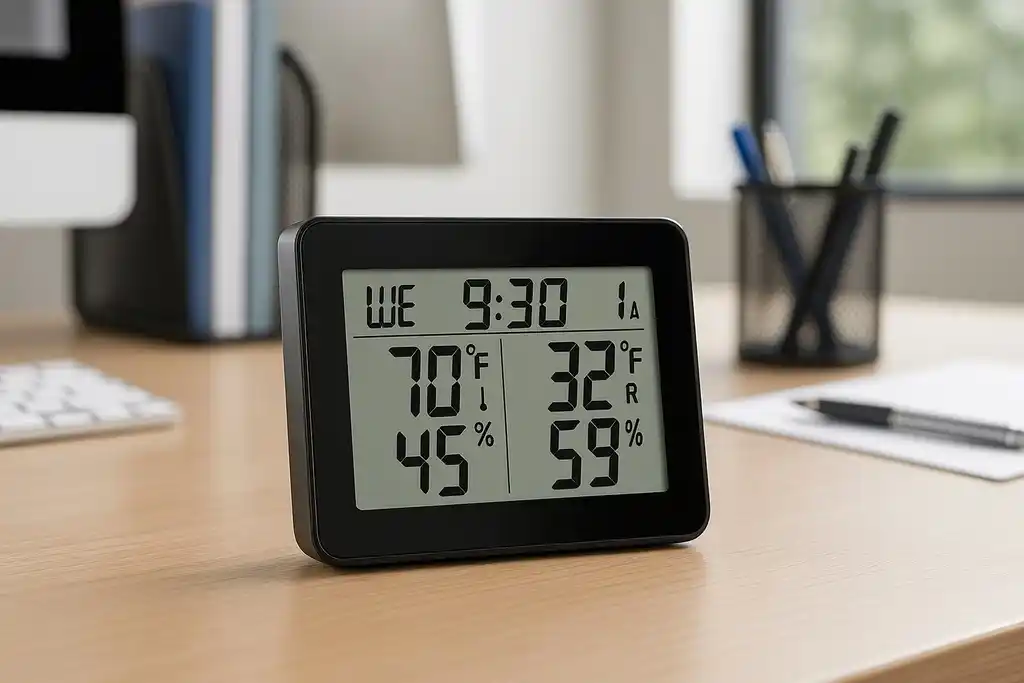 Medidor parecido al termohigrómetro digital taylor 1731 encima de una mesa de escritorio junto a un ordenador de sobremesa y un lapicero de escritorio con algunos bolígrafos