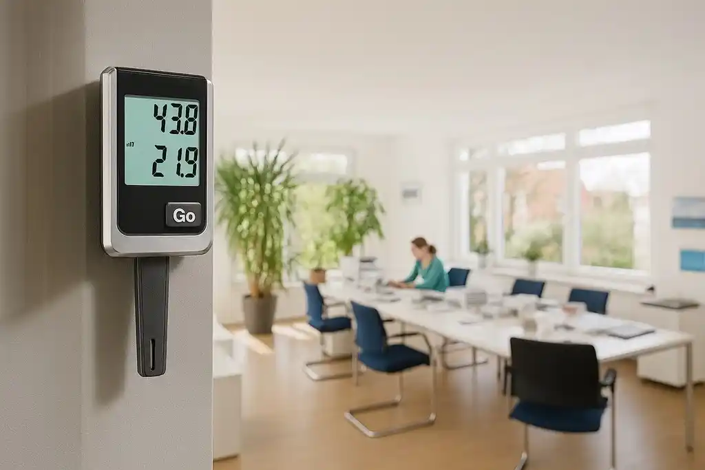 Data logger similar al termohigrómetro Testo 175 h1 fijado en la pared de una oficina soleada, de fondo, una gran mesa blanca con seis sillas azules, una chica sentada trabajando y dos plantas junto a la ventana