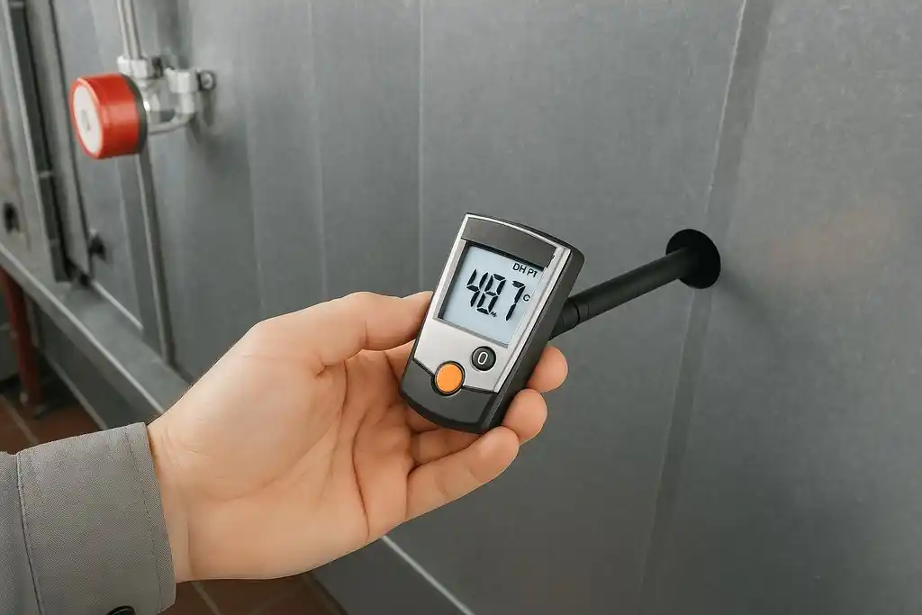 Medidor de temperatura y humedad similar al termohigrómetro testo 605-h1 sostenido por la mano izquierda de una persona, y con la sonda introducida dentro de un conducto metálico HVAC