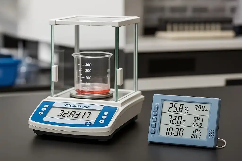 Dispositivo de lectura de temperatura y humedad relativa parecido al termohigrómetro Traceable Cole-Pharmer excursion-trac encima de una mesa de laboratorio de color oscuro con una balanza de precisión a su izquierda