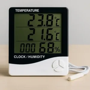 Termohigrómetro digital HTC 2 encendido, mostrando lecturas de temperatura y humedad, en el contexto de guía de uso