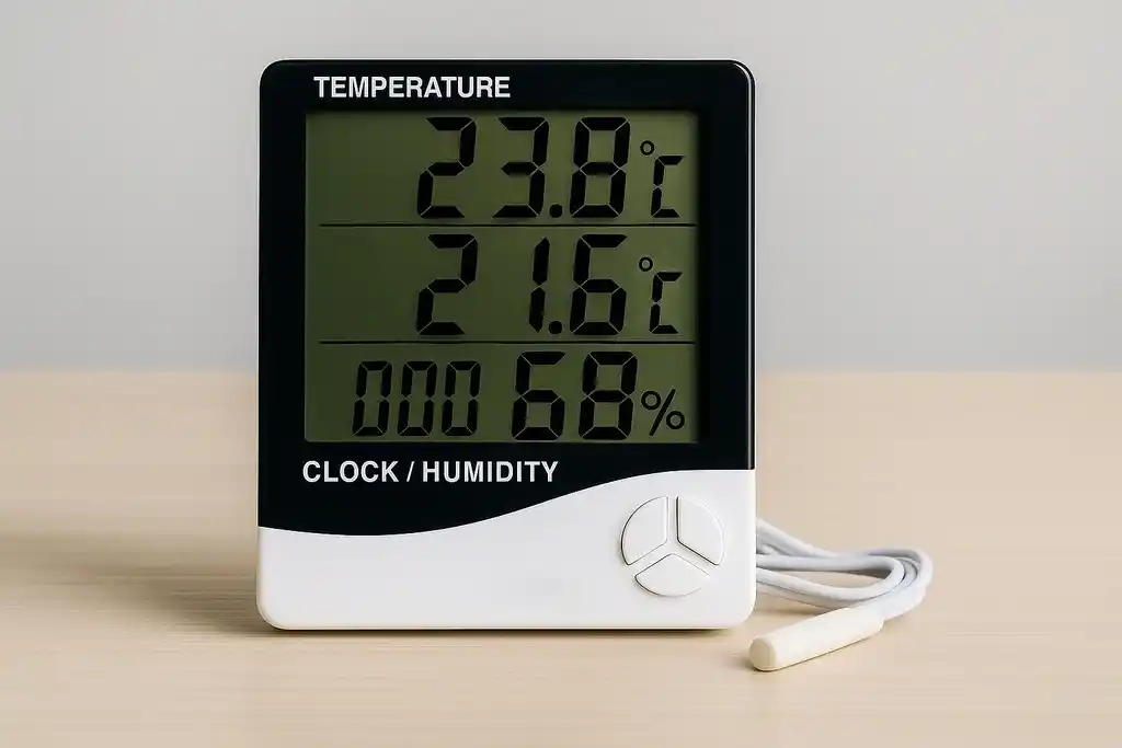 Termohigrómetro digital HTC 2 encendido, mostrando lecturas de temperatura y humedad, en el contexto de guía de uso