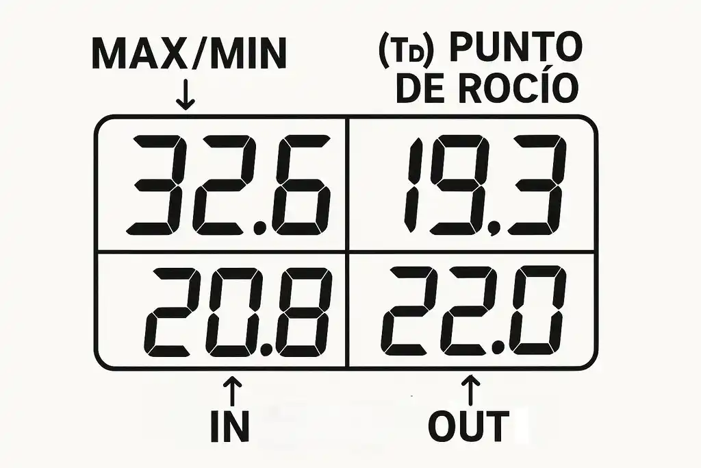 Interface de un termohigrómetro con sonda, mostrada de forma esquemática, que explica qué significa cada valor numérico de la pantalla: temperatura interna (IN), temperatura externa (OUT), temperatura máxima y mínima (MAX/MIN) y punto de rocío (Td)