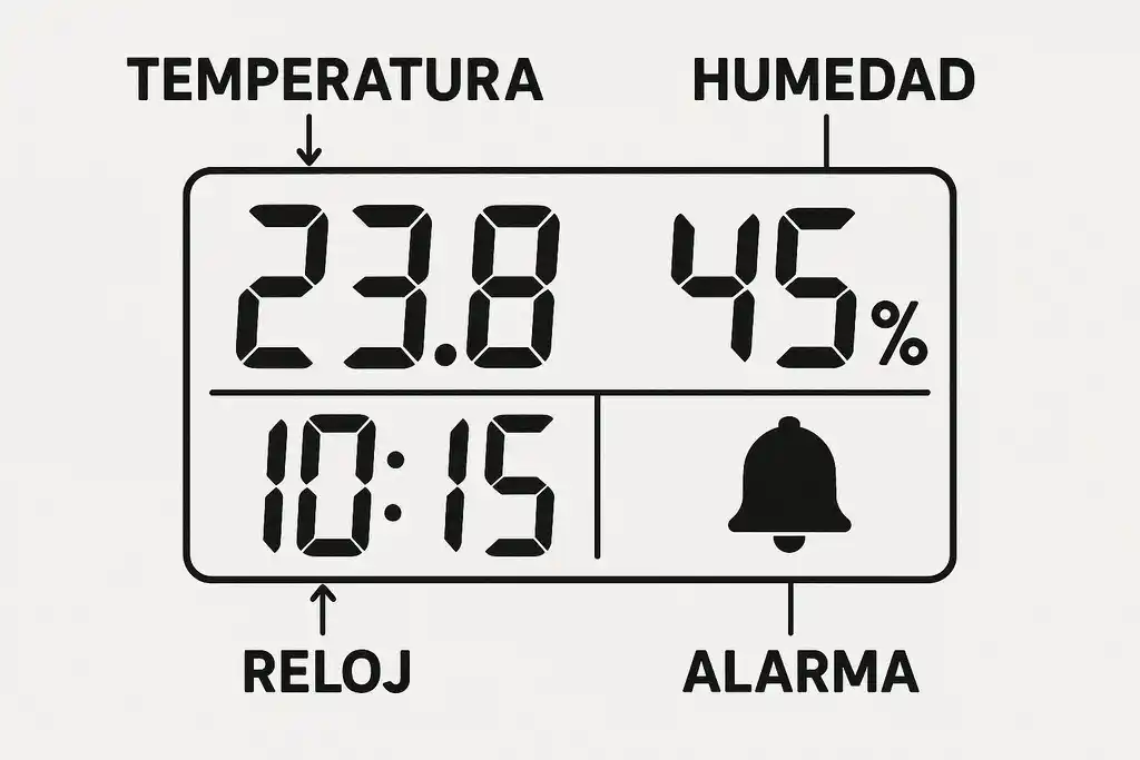 Interface de un higrotermómetro digital mostrada de forma esquemática, que explica de forma clara qué significa cada valor numérico de la pantalla: temperatura, humedad, reloj y alarma