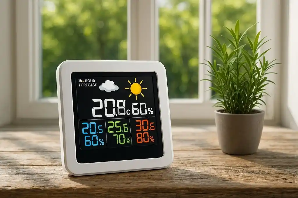 Estación meteorológica de color blanco parecida al termohigrómetro oregon scientific rar502sx, encima de una mesa rústica de madera con una pequeña planta a su derecha y una ventana luminosa de fondo