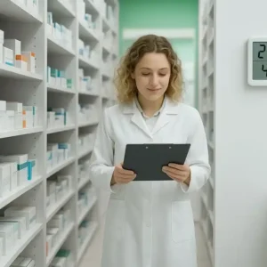 Termohigrómetro para farmacia fijado en un mueble blanco lleno de estanterías con medicamentos, en el almacén de una farmacia, a la izquierda una chica sonriendo con bata blanca y revisando un albarán