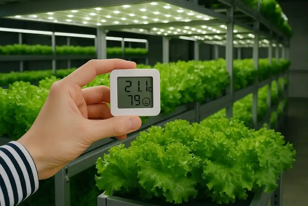 Mano izquierda de una chica sosteniendo un mini termohigrómetro para invernadero en un sistema de cultivo vertical interior, con las plantas colocadas en estanterías iluminadas con lámparas UV dentro de una habitación relativamente oscura