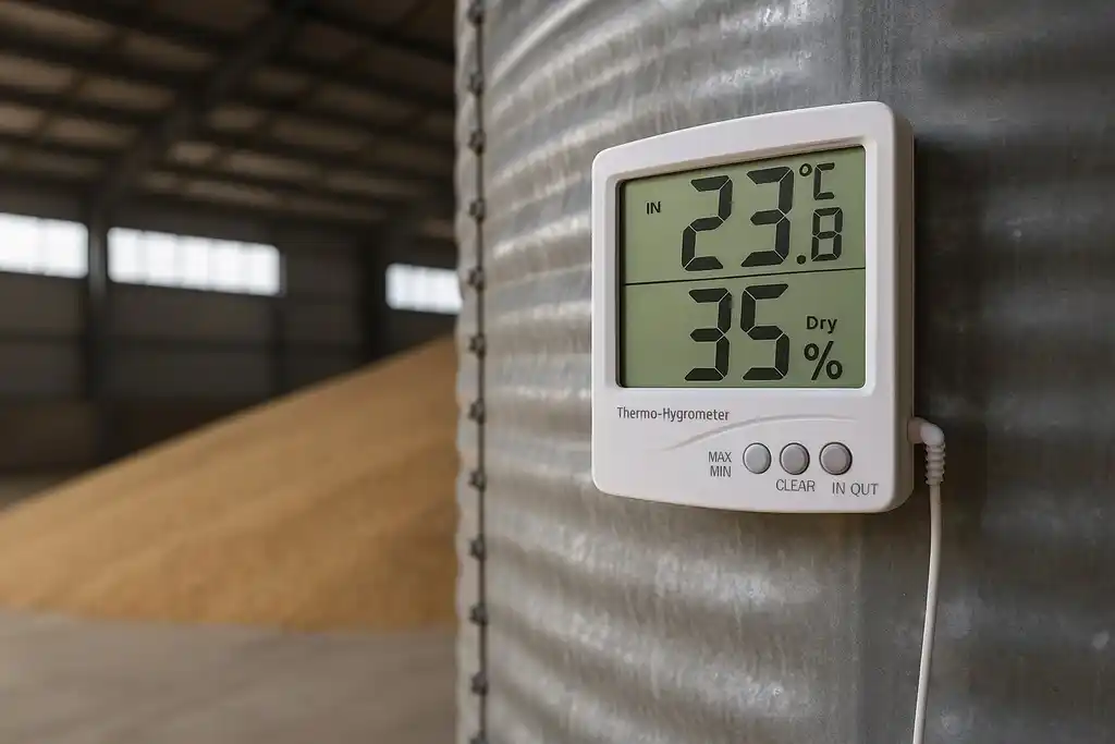 Medidor de temperatura y humedad relativa, similar al termohigrómetro Alla France 91000-027/B, fijado en el exterior de un silo metálico de almacenamiento de grano dentro de una gran nave, y de fondo, una montaña de grano