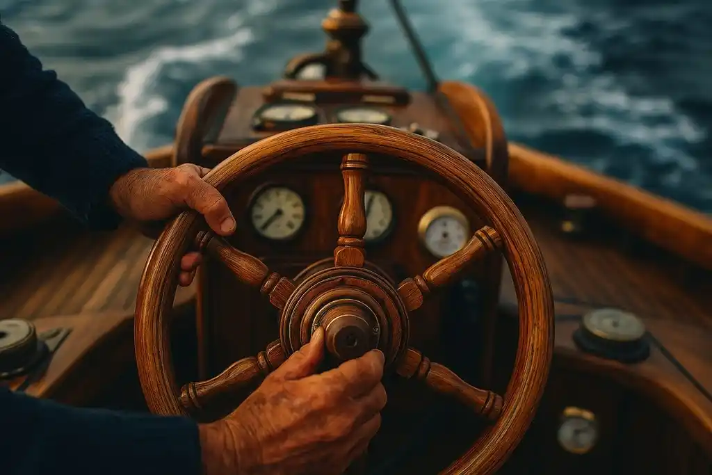 Timonera descubierta en la cubierta de una bonita barca de madera, con las manos del capitán en los mandos, diferentes medidores analógicos, entre ellos, uno similar al termohigrómetro anvi 320430 y el mar de fondo en un dia nublado