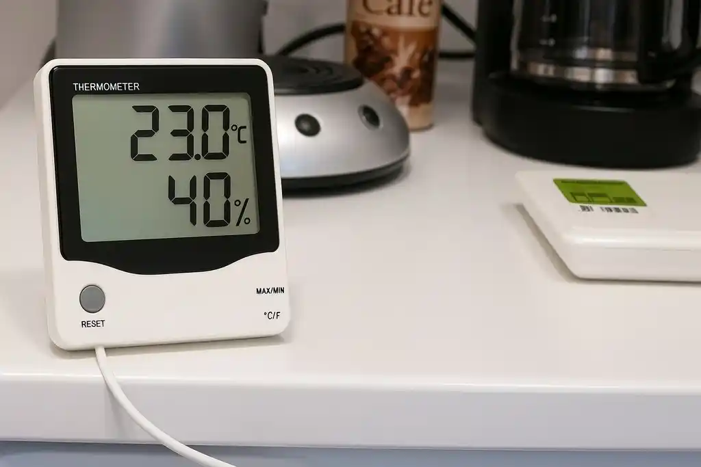 Termómetro higrómetro con sonda parecido al termohigrómetro Avaly VA EDT 1 55 situado encima de un refrigerador junto con otros objetos y con su sonda externa instalada dentro de dicho refrigerador