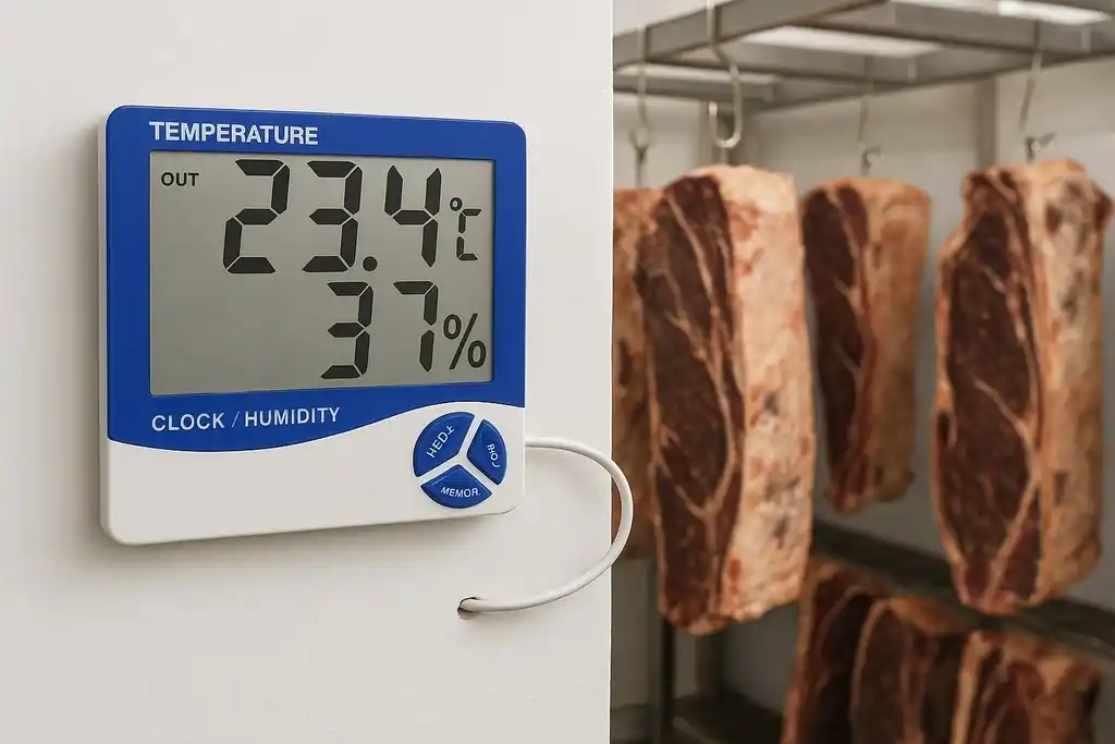 Termómetro higrómetro similar al termohigrómetro deltatrak 13309 fijado en la pared exterior de una cámara frigorífica con la sonda introducida en el interior de esta, de fondo carne colgada del techo