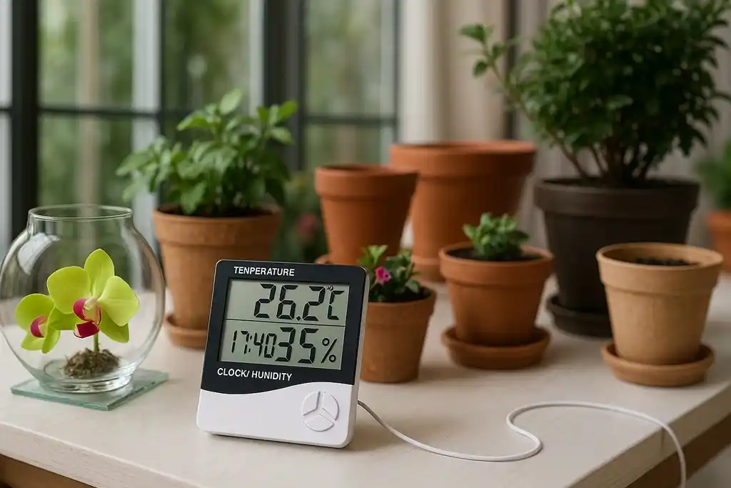 Dispositivo similar al termohigrómetro digital htc 2 con sonda de temperatura y humedad relativa, encima de una mesa blanca llena de macetas de terracota con plantas, en un invernadero doméstico