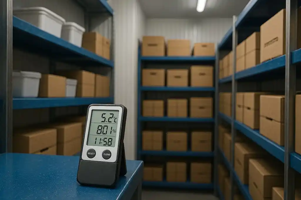 Medidor de temperatura y humedad relativa parecido al termohigrómetro traceable en el interior de una cámara fria con estanterías azules llenas de cajas con material sensible