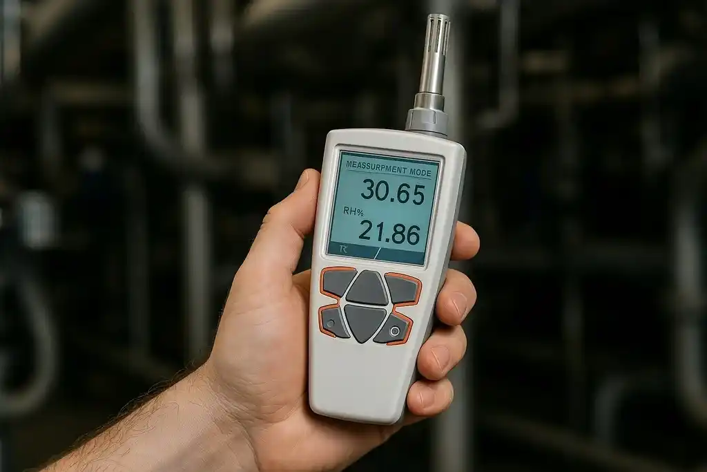 Medidor de temperatura y humedad relativa parecido al termohigrómetro vaisala HM40 sostenido por la mano de un técnico que hace mediciones dentro de una nave industrial