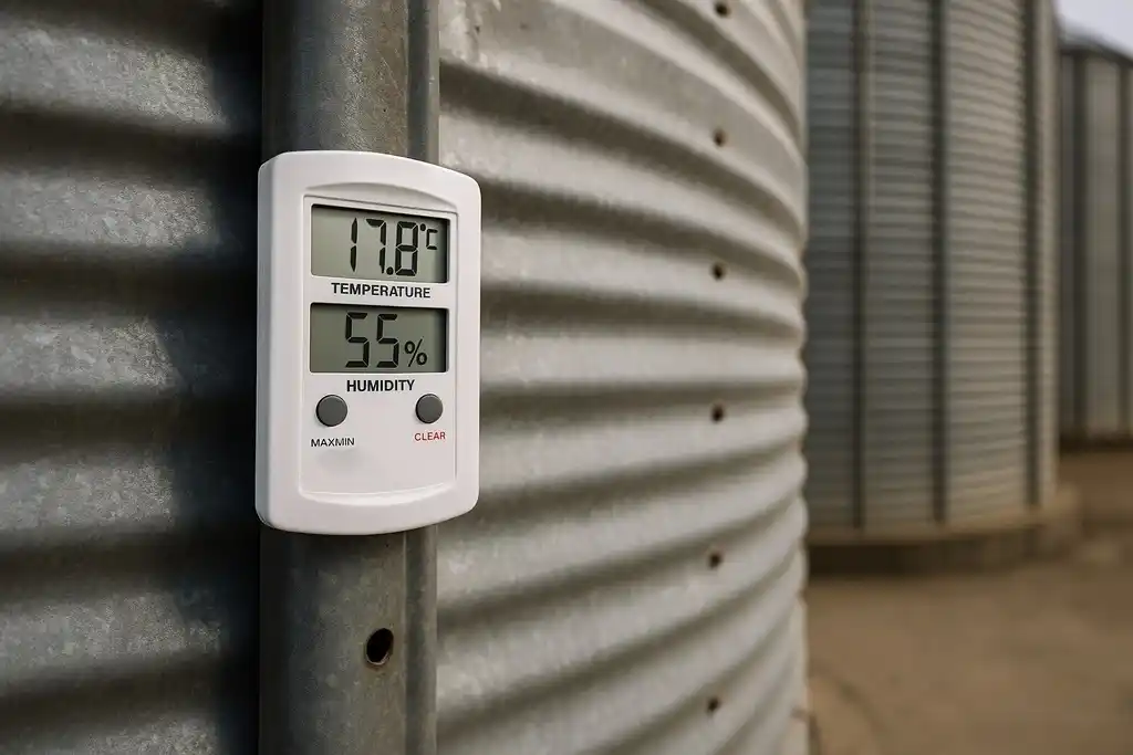 Medidor de temperatura y humedad relativa similar al termohigrómetro Alla France 91000-006/B fijado en el exterior de un silo metálico de almacenamiento de grano, y de fondo dos silos más